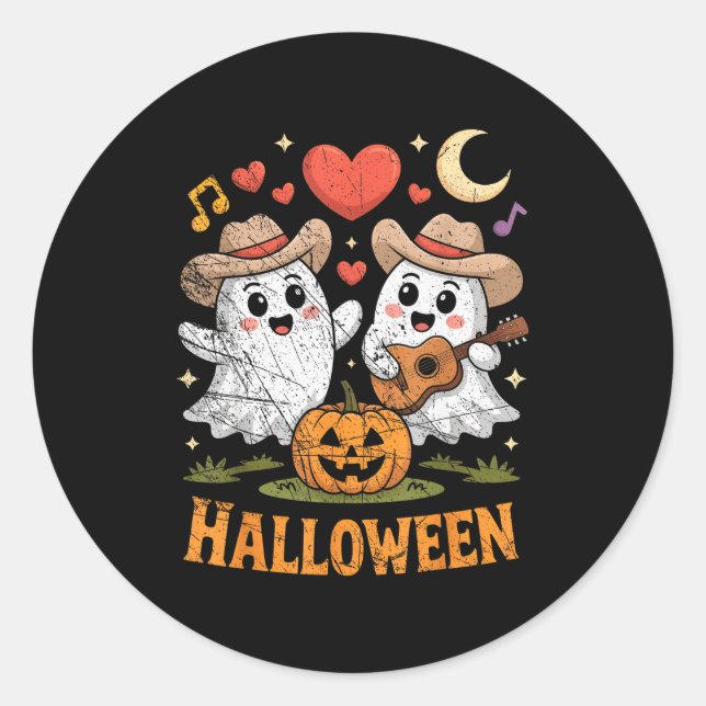 Ghost Playing Guitar For Halloween Lovers  Classic Round Sticker (Front)
