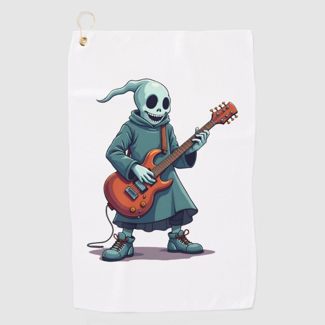 Ghost Playing Guitar – Spooky Music Halloween Tee Golf Towel (Front)