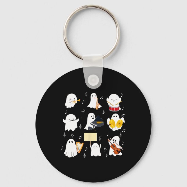 Ghost Playing Musical Instruments Halloween Music  Keychain (Front)