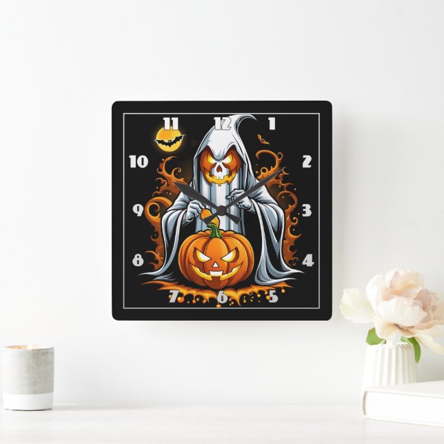 Ghost preps pumpkins for Halloween! Square Wall Clock (Home)
