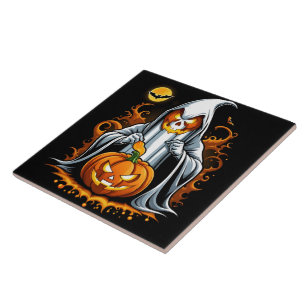Ghost preps pumpkins for Halloween! Tile