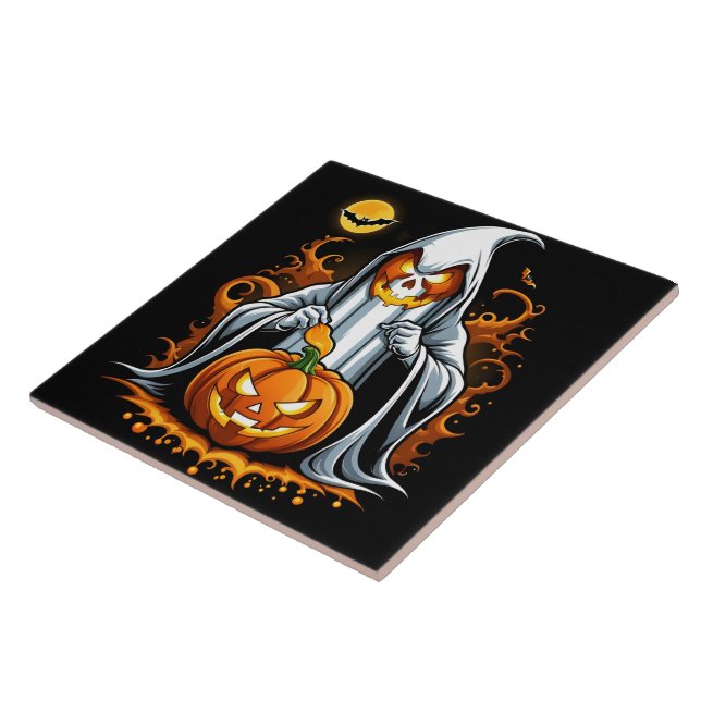 Ghost preps pumpkins for Halloween! Tile (Side)