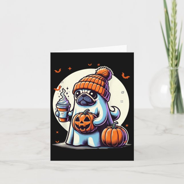 Ghost Pug Pumpkin Drinks Beanie Fall Halloween  Card (Front)