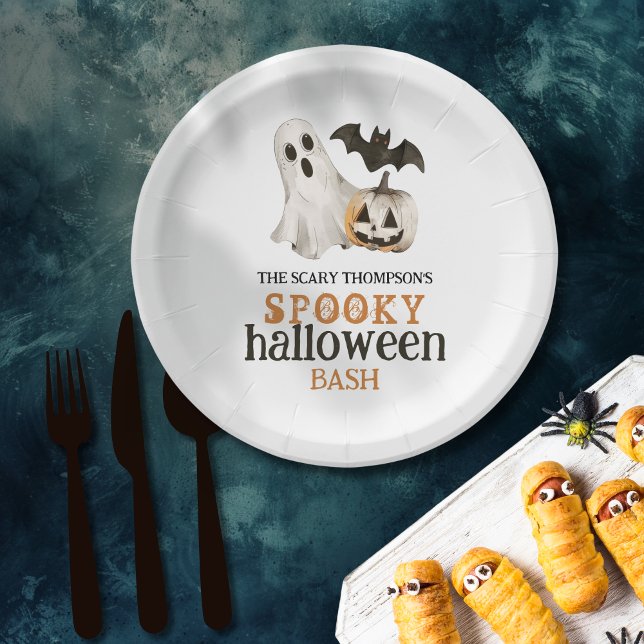 Ghost Pumpkin Bat Name Spooky Halloween Bash  Paper Plate (Creator Uploaded)