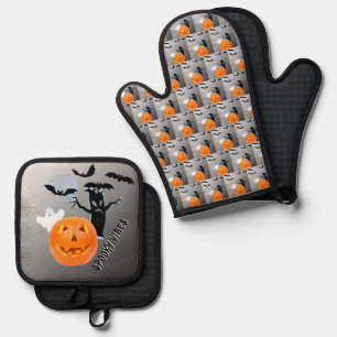 Ghost Pumpkin Bats Halloween Kitchen Design Oven Mitt & Pot Holder Set