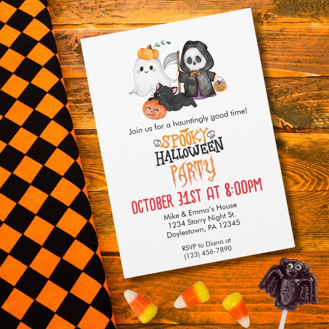 Ghost Pumpkin Grim Reaper Cute Black Cat Halloween Invitation (Creator Uploaded)