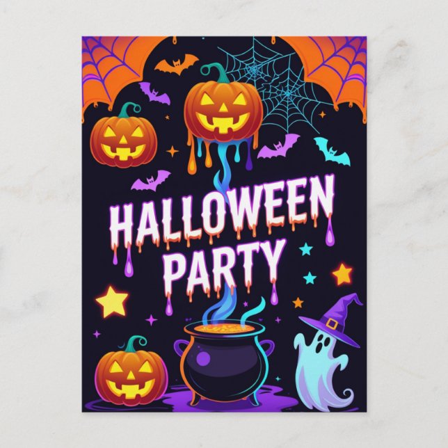Ghost & Pumpkin Halloween Party Invite Postcard (Front)