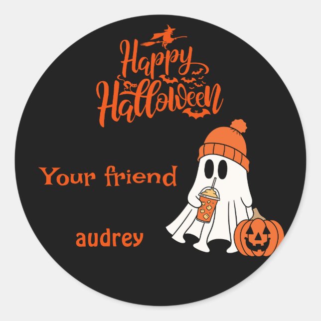 Ghost Pumpkin Happy Halloween Boo Personalized Classic Round Sticker (Front)