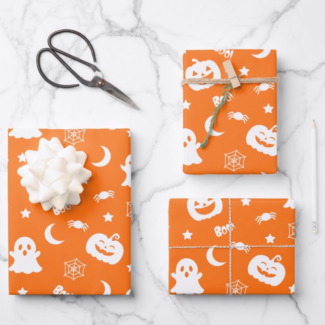 Ghost Pumpkin Spider Moon Orange Halloween Pattern Wrapping Paper Sheet (Front)