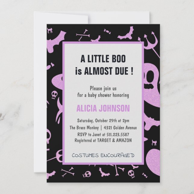 Ghost Purple Glitter October Halloween Baby Shower Invitation (Front)