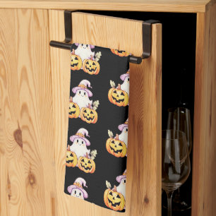 Ghost Purple Witches Hat Pumpkin Pattern Halloween Kitchen Towel