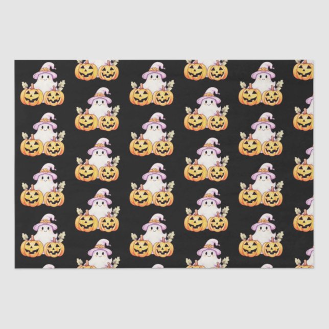 Ghost Purple Witches Hat Pumpkin Pattern Halloween Tissue Paper (Front)