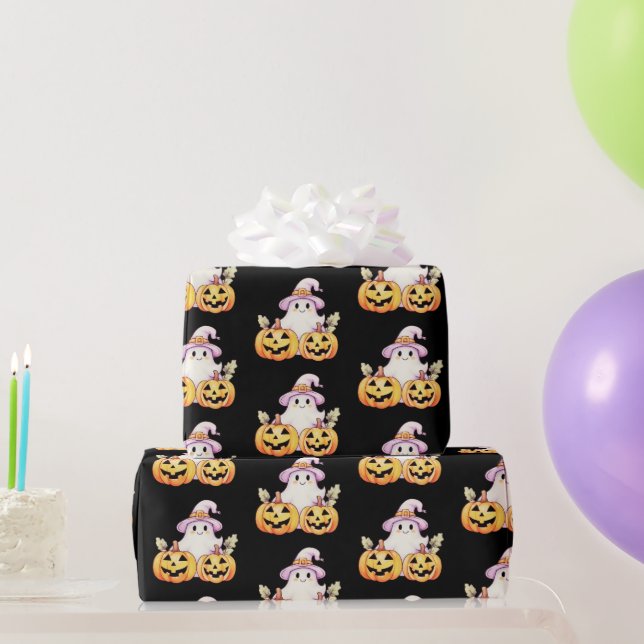 Ghost Purple Witches Hat Pumpkin Pattern Halloween Wrapping Paper (Party Gifts)