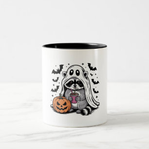 Ghost Raccoon Drinking Coffee Two-Tone Coffee Mug