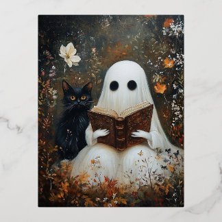 Ghost reading book and black cat foil holiday postcard