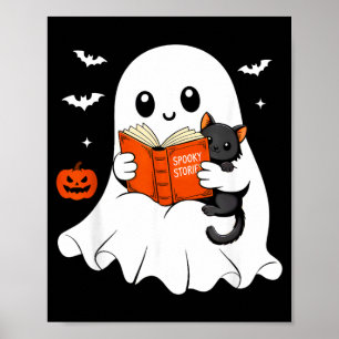 Ghost Reading Book Black Cat Halloween Costume Men Poster