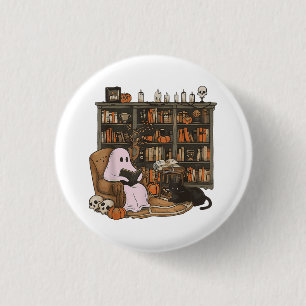 Ghost Reading Book Cat lover Halloween  1 Inch Round Button