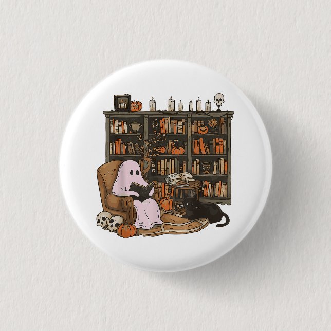 Ghost Reading Book Cat lover Halloween  1 Inch Round Button (Front)