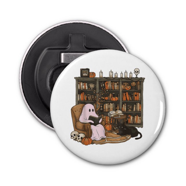 Ghost Reading Book Cat lover Halloween  Bottle Opener (Front)