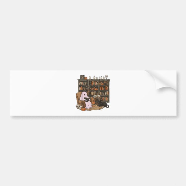 Ghost Reading Book Cat lover Halloween  Bumper Sticker (Front)