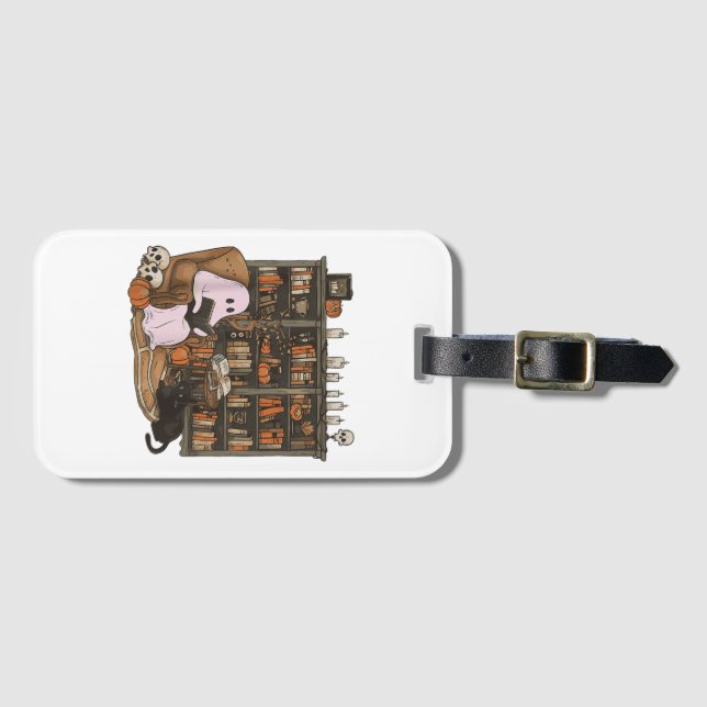 Ghost Reading Book Cat lover Halloween  Luggage Tag (Front Horizontal)