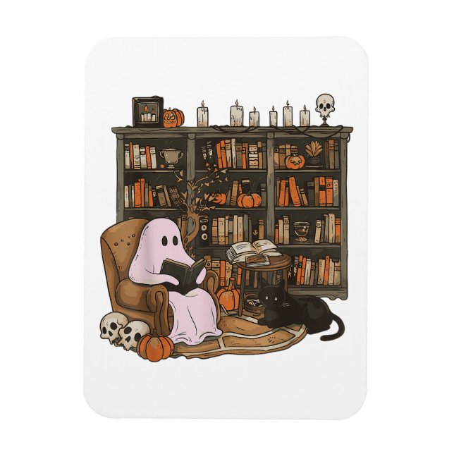 Ghost Reading Book Cat lover Halloween  Magnet (Vertical)
