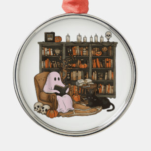 Ghost Reading Book Cat lover Halloween  Metal Ornament