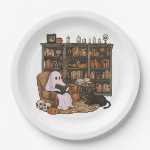 Ghost Reading Book Cat lover Halloween Paper Plate