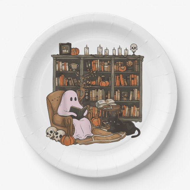 Ghost Reading Book Cat lover Halloween  Paper Plate (Front)