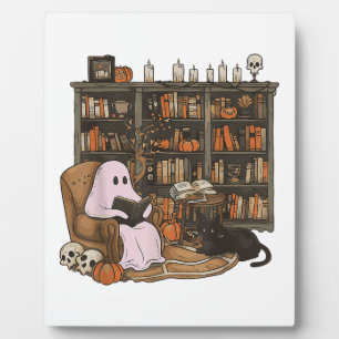 Ghost Reading Book Cat lover Halloween Plaque