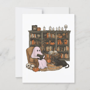 Ghost Reading Book Cat lover Halloween  Postcard