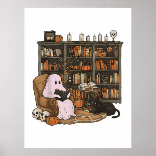 Ghost Reading Book Cat lover Halloween  Poster