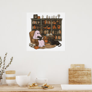 Ghost Reading Book Cat lover Halloween  Poster