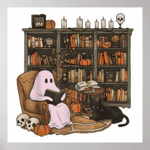 Ghost Reading Book Cat lover Halloween  Poster