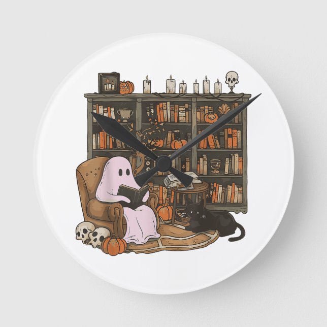 Ghost Reading Book Cat lover Halloween  Round Clock (Front)