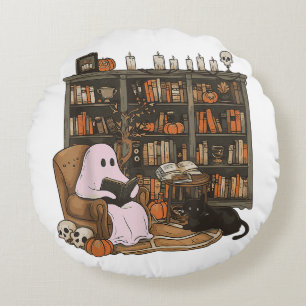 Ghost Reading Book Cat lover Halloween  Round Pillow