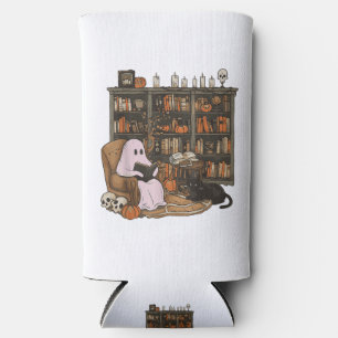Ghost Reading Book Cat lover Halloween  Seltzer Can Cooler