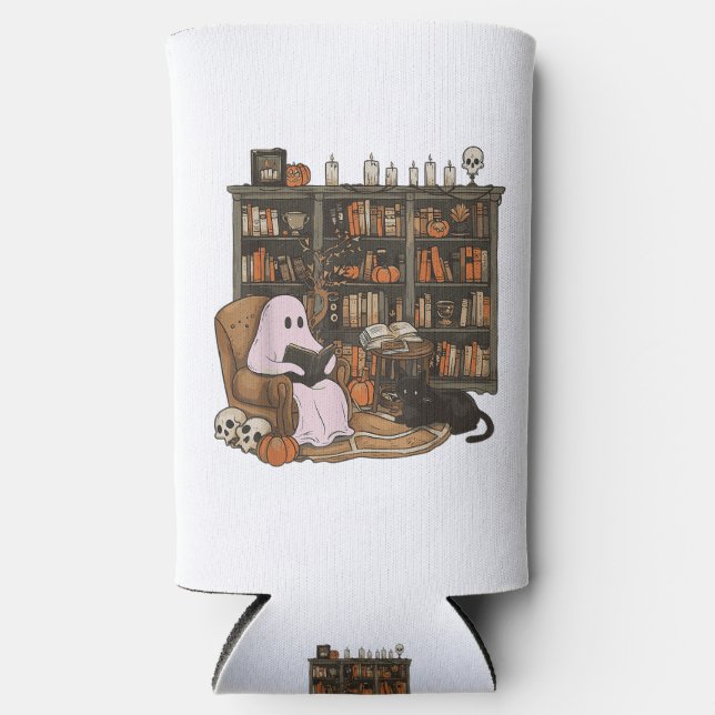 Ghost Reading Book Cat lover Halloween  Seltzer Can Cooler (Front)