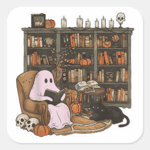 Ghost Reading Book Cat lover Halloween  Square Sticker