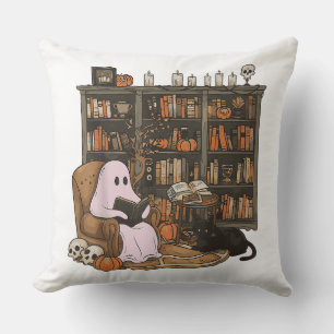 Ghost Reading Book Cat lover Halloween  Throw Pillow