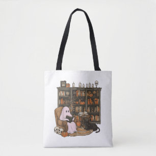 Ghost Reading Book Cat lover Halloween  Tote Bag