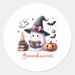Ghost Reading Book Coquette Bow Halloween Girl Tod Classic Round Sticker