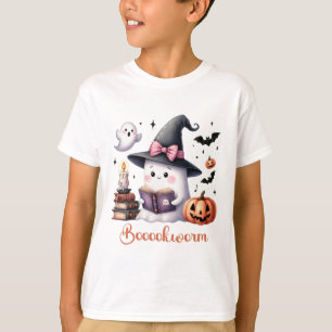 Ghost Reading Book Coquette Bow Halloween Girl Tod T-Shirt