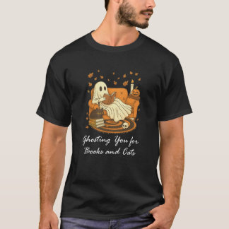 Ghost Reading Book Fall Black Cat Ghosting for Boo T-Shirt