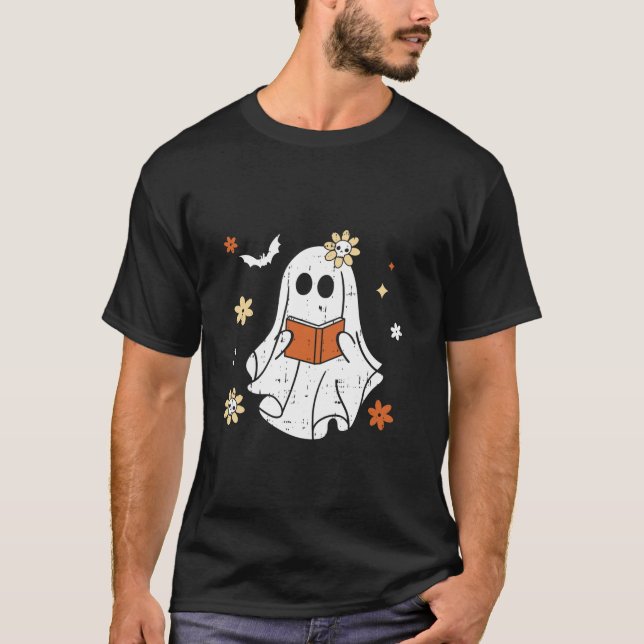 Ghost Reading Book Halloween Design Teacher Librar T-Shirt (Front)