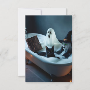 Ghost Reading Book in Bathtub, and Black Cat Bubbl Save The Date