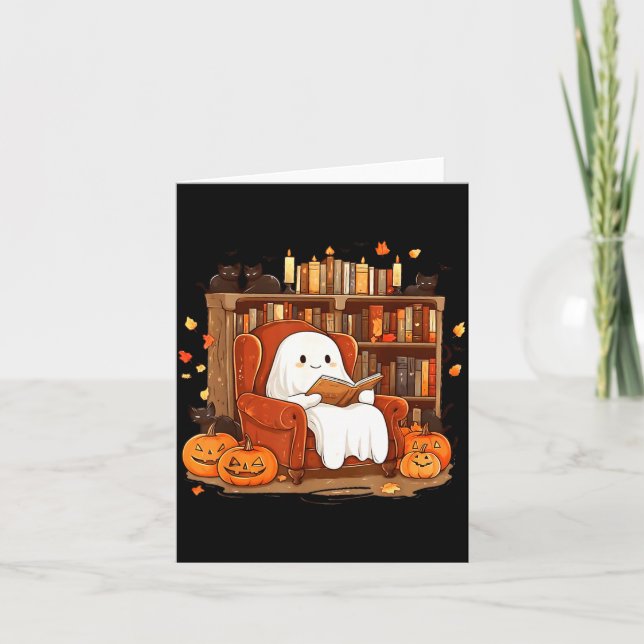 Ghost Reading Book With Black Cat Cute Halloween Card (Front)