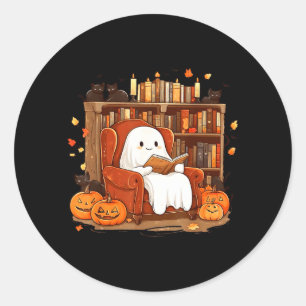 Ghost Reading Book With Black Cat Cute Halloween Classic Round Sticker