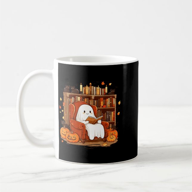 Ghost Reading Book With Black Cat Cute Halloween Coffee Mug (Left)