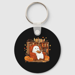 Ghost Reading Book With Black Cat Cute Halloween Keychain